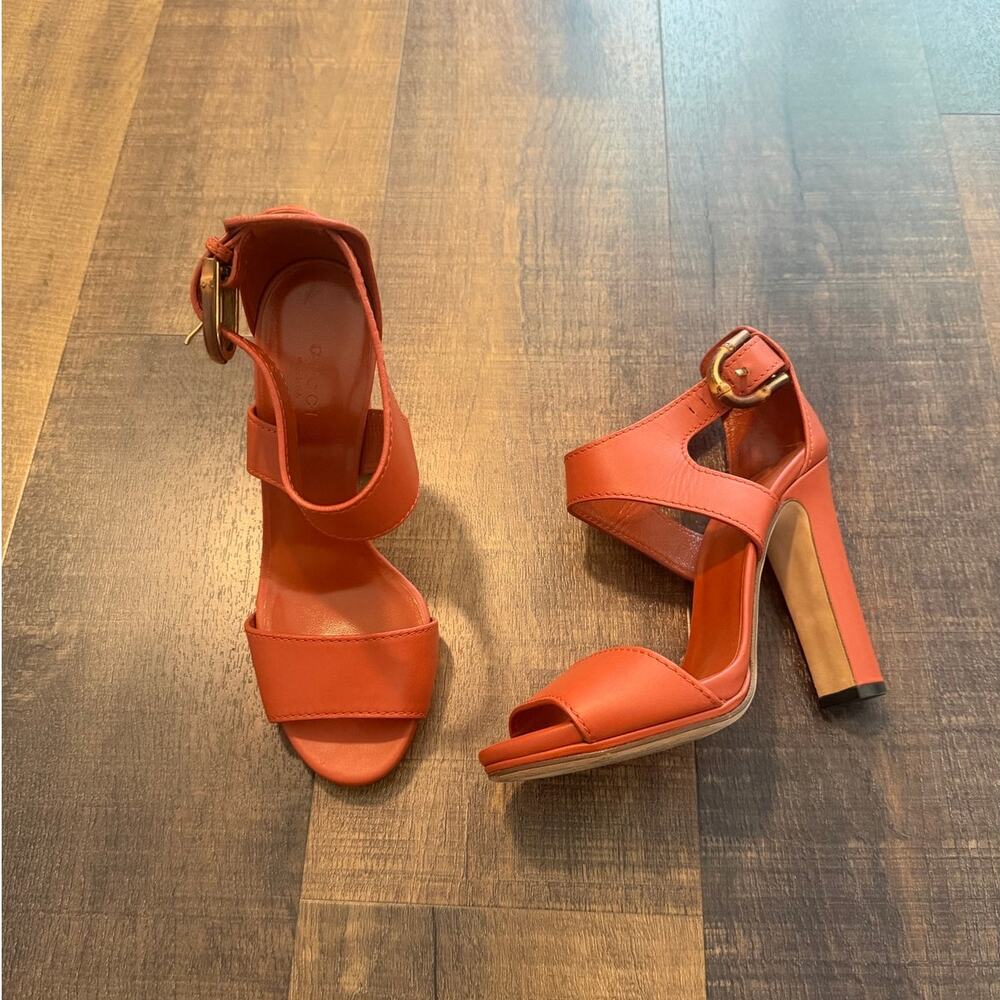 Gucci Bamboo Buckle Orange Leather Ankle Strap Heels Women's Size 38.5